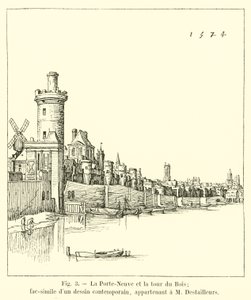 De Porte-Neuve en de toren van het Bos; facsimile van een eigentijdse tekening, behorend tot M Destailleurs door French School