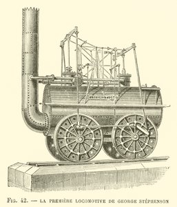 De Eerste Locomotief van George Stephenson (gravure) door French School
