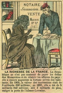 La Riche de la France, illustratie van de voordelen van de Derde Republiek voor de persoonlijke verrijking van de Fransen. Gravure, in 