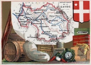 La Savoie (73), Rhone Alpes, Frankrijk. Serie over de Franse departementen. Lokale specialiteit: walnotenolie, wijn, granen, kirschwasser (kirsch), kaas, chambery gaas en leer. Chromolithografie 