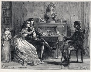 De Terreur tijdens de Franse Revolutie: Camille Desmoulins (1760-1794), gevangen, ontvangt bezoek van zijn vrouw Lucile (1770-1794) en de maarschalk Guillaume Brune (1763-1815) door French School