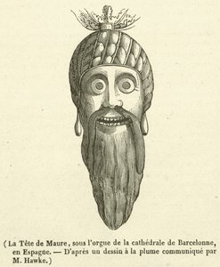 Het hoofd van de Moor, onder het orgel van de kathedraal van Barcelona, in Spanje (gravure) door French School