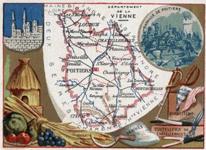 La Vienne (86), Poitou-Charentes, Frankrijk. Zaden, Chatellerault bestek en kousen. Serie over de Franse departementen. Chromolithografie, circa 1920. Privécollectie. door French School