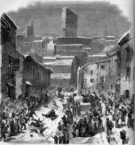 La glissade en barriots (sleeën) in Bourdeaux, Drôme (26), winter 1860. Gravure in 