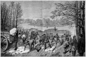 De oogst van ijs op de bevroren meren van het Bois de Vincennes, in 