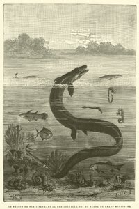 De regio van Parijs tijdens de Krijtzee, einde van het bewind van de grote mosasaurus (gravure) door French School