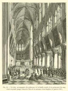 De koningin, vergezeld door prinsessen van de koninklijke familie en prinsessen van het bloed, komt in grote pracht God danken voor de geboorte van een dauphin, 21 januari 1782 door French School