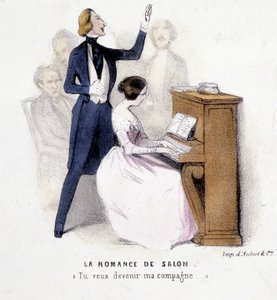 De salonromance: man zingt begeleiding op piano door een vrouw, door Lonsay, ca. 1845