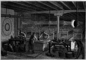 La salle des piles (oppervlakte 400 vierkante meter) van het centrale telegraafkantoor in Parijs. Gravure in 