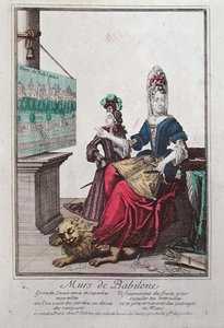 Dame toont een afbeelding van Semiramis en de Hangende Tuinen van Babylon door French School