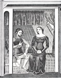 Lancelot en Guinevere, naar een miniatuur uit een 14e-eeuws manuscript, uit Wetenschap en Literatuur in de Middeleeuwen door Paul Lacroix, gepubliceerd in Londen 1878 door French School