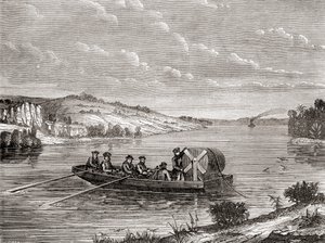 Het leggen van een telegraafkabel onder een Amerikaanse rivier ca. 1860, uit Les Merveilles de la Science, gepubliceerd ca. 1870 door French School