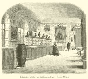 Het Kabinet van Medailles, in de Keizerlijke Bibliotheek (gravure) door French School