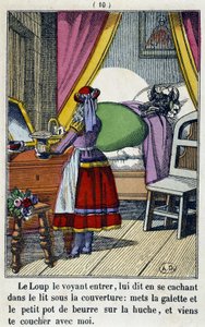 Roodkapje in de kamer van de wolf - in Roodkapje, ed. Pellerin, Epinal, 19e eeuw door French School