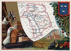 Le Cher (18), Centre, Frankrijk. Serie over de Franse departementen. Bier, gerst, leer, wijn en messen. Chromolithografie 