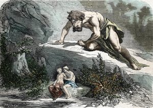 De Cycloop Polyphemus verrast Galatea en Acis (gravure) 1864 door French School