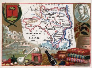 Le Gard (30), Languedoc-Roussillon, Frankrijk - Lokale specialiteit: eau de vie (distilleerapparaat) en wijn - Portret van Jean-Pierre-Claris de Florian (1755-1794) - Serie over de Franse departementen - Chromolithografie