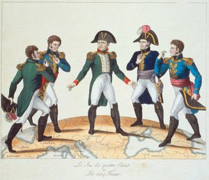 Het Spel van de Vier Hoeken of De Vijf Broers, Bonapartistische cartoon met Napoleon en zijn broers, 1808