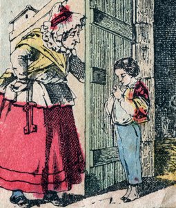 Le Pere Fouettard, Franse figuur voor de geselende vader, legendarisch figuur uit folklore die stoute kinderen straft: zijn vrouw, La Mere Fouettard de geselende moeder, die berouwvolle kinderen brengt - Epinal afbeelding