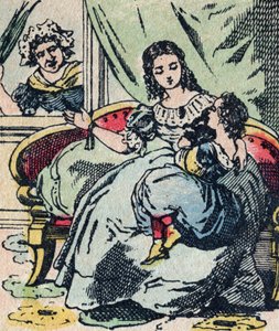Le Pere Fouettard, Frans personage voor de geselende vader, legendarische figuur uit de folklore die stoute kinderen straft: zijn vrouw, La Mere Fouettard de geselende moeder die de wijze kinderen niet berispt - Epinal afbeelding door French School