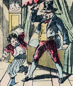 Le Pere Fouettard legendarische figuur uit de folklore, die ongehoorzame kinderen straft met zijn zweep, en ongehoorzame kinderen opsluit, afbeelding van Epinal