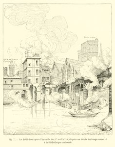 De Petit-Pont na de brand van 27 april 1718, naar een tekening uit die tijd bewaard in de Nationale Bibliotheek door French School