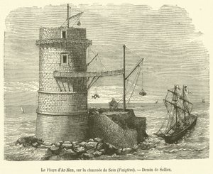 De Vuurtoren van Ar-Men, op de chaussée de Sein, Finistère (gravure) door French School