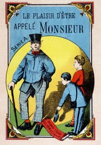 Het plezier om Monsieur genoemd te worden: kinderen begroeten een arbeider in een blouse met hoge hoed, afbeelding van Epinal, 19e eeuw door French School