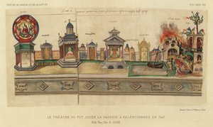 Het theater waar de Passie werd gespeeld in Valenciennes in 1547 (kleur litho) door French School