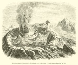 De vulkaan van Antujo, in Chili, gasuitbarsting (gravure) door French School