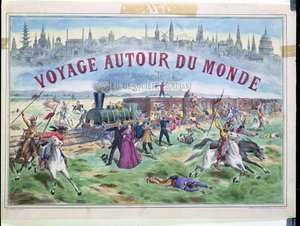 Le Voyage Autour du Monde, doosdeksel voor een spel gebaseerd op De reis om de wereld in 80 dagen van Jules Verne (1828-1905) door French School