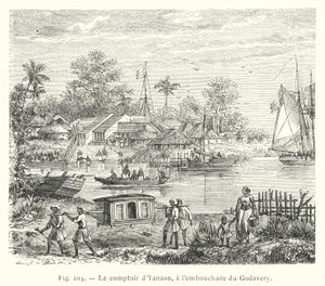De handelspost van Yanaon, aan de monding van de Godavery (gravure)