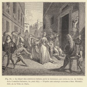 Vertrek van de Italiaanse komedianten, na de sluiting, op bevel van de koning, van het theater van de Comedie-Italienne, op 4 mei 1697 door French School