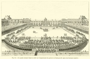 De grote carrousel gehouden in 1662 op de plaats van het parterre van Mademoiselle, huidige Place du Carrousel door French School