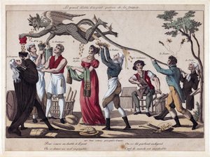 De grote zilveren duivel, patroon van de financiën. (Een duivel zweeft boven mannen en vrouwen, elk met het kenmerkende kostuum van hun beroep (aanklager, wijnhandelaar, bakker, prostituee, cateraar, schoenmaker, schilder en dichter) en houdt recipiënten v door French School