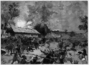 De hinderlaag van Hue, 4-5 juli 1885: aanval van een Tonkinese leger (Vietnam) tegen de Franse troepen van generaal de Courcy. Gravure in 