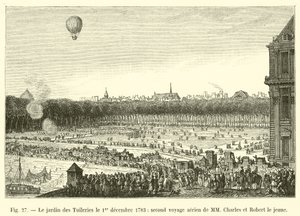 De tuin van de Tuilerieën op 1 december 1783, tweede luchtvaartreis van de heren Charles en Robert de jonge door French School