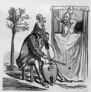 Le maestro Offenbach die met zijn muziek alle theaters van Parijs in beslag neemt. De Duitse componist genaturaliseerd Fransman Jacques Offenbach (1819-1880) speelt cello. Karikatuur van Cham. Gravure in 