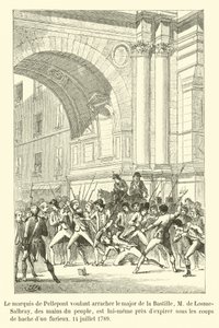 De markies van Pellepont probeert de majoor van de Bastille, M de Losme-Salbray, uit de handen van het volk te redden, maar wordt zelf bijna gedood door een woedende menigte, 14 juli 1789 door French School