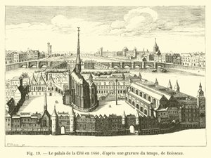 Het Paleis van de Stad in 1660, volgens een gravure uit die tijd, door Boisseau door French School