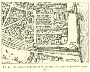 De wijk van het Louvre en de Tuilerieën, facsimile van het plan van J Braun, 1530