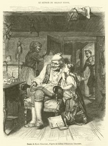 De terugkeer van de Zwitserse soldaat (gravure) door French School