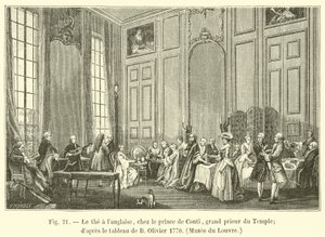 Thee op Engelse wijze, bij de prins van Conti, grootprior van de Tempel; naar het schilderij van B Olivier 1770, Louvre Museum