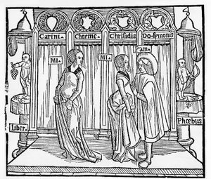 Het theater in de Middeleeuwen: drie personages op het toneel - gravure door Térence de Jean Trechsel, uitgegeven in Lyon door French School