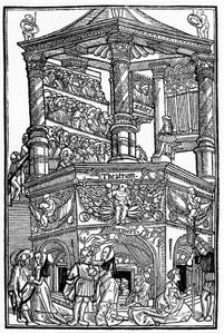 Het theater in de Middeleeuwen: uitzicht op een theater en het publiek - door Terentius van Jean Trechsel, ed. in Lyon door French School