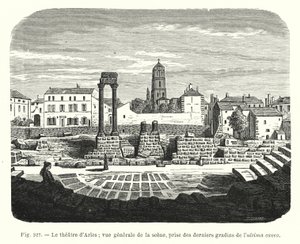 Het theater van Arles; algemeen zicht op het podium, genomen vanaf de laatste rijen van de ultima cavea door French School