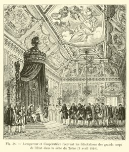 De keizer en de keizerin ontvangen de felicitaties van de grote staatslichamen in de Troonzaal, 3 april 1810 door French School