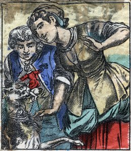 Lemuel Gulliver in het land van de reuzen van Brobdingnag. Illustratie voor "Gulliver
