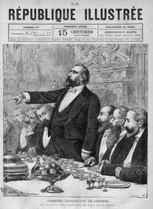 Leon Gambetta (1838-1882) geeft een toespraak op het banket van de wijnverkopers van de Seine. Gravure uit 1880 in "La republique illustree" privécollectie. door French School