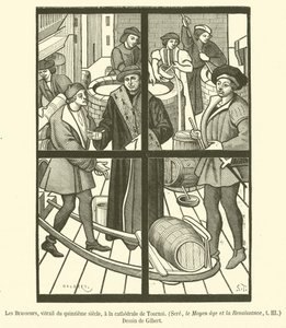 De brouwers, glas-in-loodraam uit de vijftiende eeuw, in de kathedraal van Doornik
